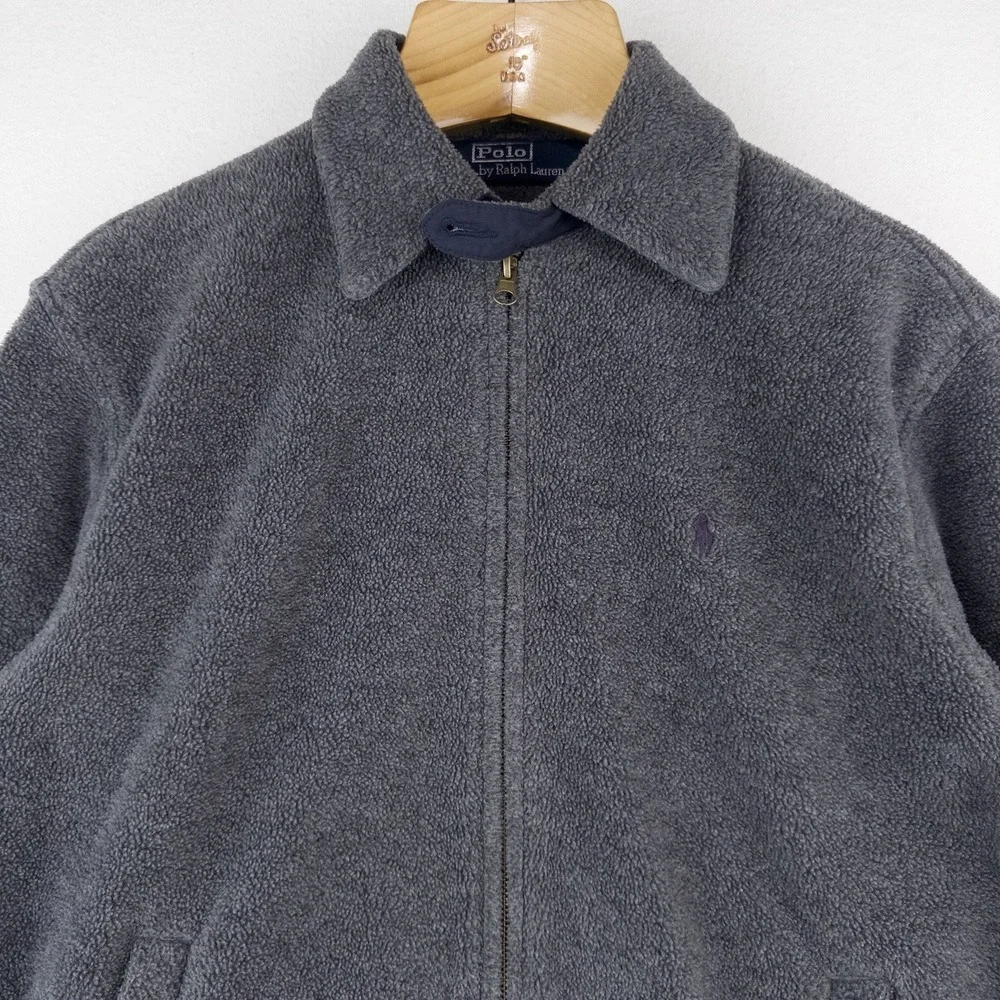 90's Vtg Polo Ralph Lauren Men's S Fleece Chin Strap Harrington Jacket Gray